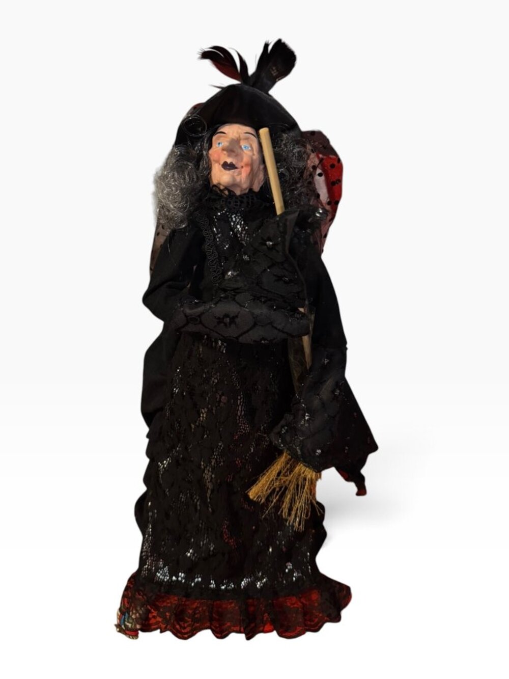 NWOT Halloween Witch Doll – Black & Red – Broom & Spider Detail – Approx. 22”